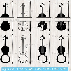 Puede incluir: Un conjunto de ocho archivos de corte SVG en blanco y negro que presentan un violín y un arco. El violín se muestra en dos estilos diferentes, uno con un cuerpo completo y otro con un cuerpo hueco. El arco se muestra en línea recta.