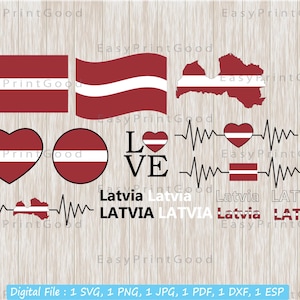 Lettland Flagge Svg Bundle, Lettland Nationalflagge, Lettische Flagge, Liebe, Text Wort, Karte, Wellenfähnchen, ClipArt, Herz Lettland Karte, Plotterdatei, Cricut
