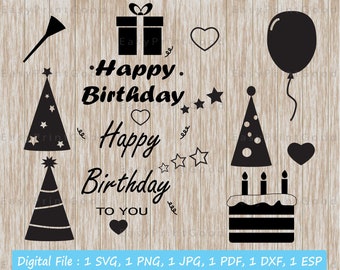 Happy Birthday SVG Bundle: Party Hat, Balloon, Cake (Digital Cut Files)