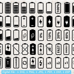 バッテリー SVG バンドル、50 個のバッテリー SVG、バッテリー クリップアート、低バッテリー SVG、バッテリー充電 SVG、フルバッテリー SVG、エネルギー SVG、カット ファイル、Cricut