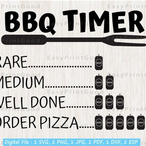 以下が含まれることがあります： 「BBQ TIMER」というテキストとフォークのシルエットが描かれた白黒のグラフィックデザイン。グラフィックには、肉の焼き加減のレベルがリストされています。「RARE」、「MEDIUM」、「WELL DONE」、「ORDER PIZZA」。各レベルは、焼き加減が上がるにつれて数が多くなるビール缶の列で表されています。