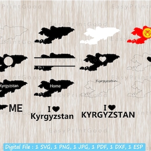 Kyrgyzstan SVG Bundle, Kyrgyzstan Map, Heart, Clipart, Outline, Black and White, Home, I love Kyrgyzstan, Monogram Frame, Cut file, Cricut