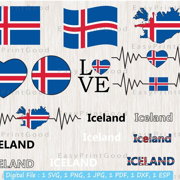 Iceland Flag Bundle Svg, Icelander Country, Love Iceland, Waving Iceland, Iceland Clip Art, Heart Iceland, Template, Cut file, Cricut