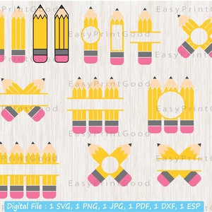Bleistift-Svg, Bleistift-Monogramm, Bleistift-Namensrahmen, Bleistift-Split-Rahmen, Schul-Svg, Lehrer Wertschätzung, zurück zur Schule svg, geschnittene Datei, Cricut