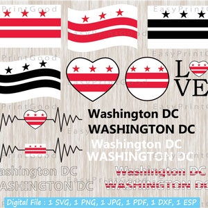 Paquete de bandera del Distrito de Columbia de Washington DC Svg, , Corazón, Bandera de DC en blanco y negro, Amor, Texto, Imágenes Prediseñadas, Ondulación, Cortar archivo, Cricut Svg