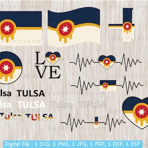 Pacote Svg da bandeira de Tulsa, bandeira de Tulsa, bandeira do mapa de Tulsa, banner do país de Tulsa, amor, acenando, coração, batimento cardíaco, Oklahoma, arquivo cortado, Cricut Svg
