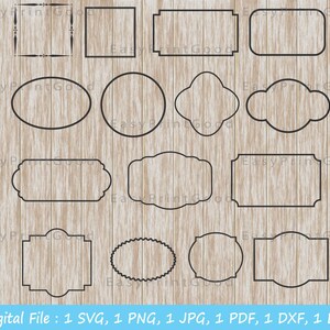 May include: A set of 12 black and white frame outlines on a woodgrain background. The frames are in various shapes, including squares, rectangles, circles, ovals, and rounded rectangles.