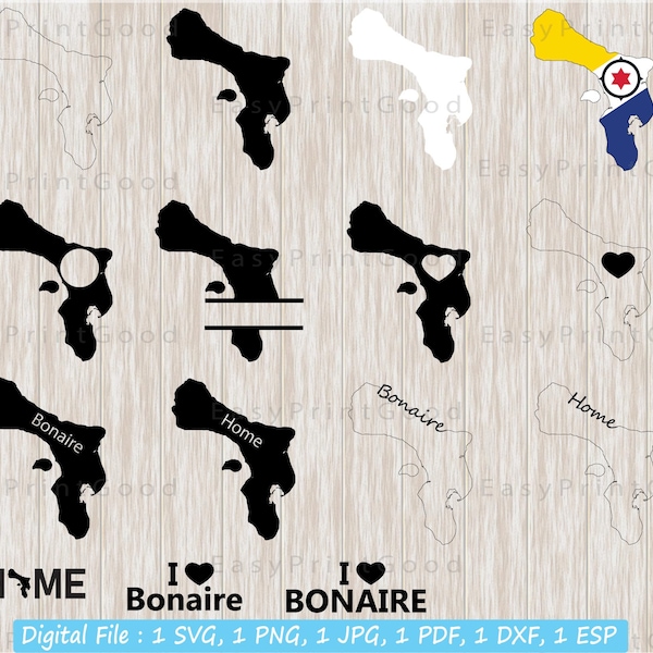 Bonaire SVG Bundle, Bonaire Map, Home, I Love, Clipart, Outline, Flag on the Map, Heart, Black and White, Monogram Frame, Cut file, Cricut
