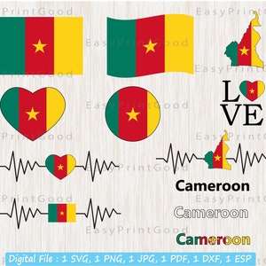 May include: Digital cut file designs featuring the flag of Cameroon in various styles, including a heart, a circle, a waving flag, an outline of the country, and a heartbeat graphic. The text "LOVE" and "Cameroon" is also included.