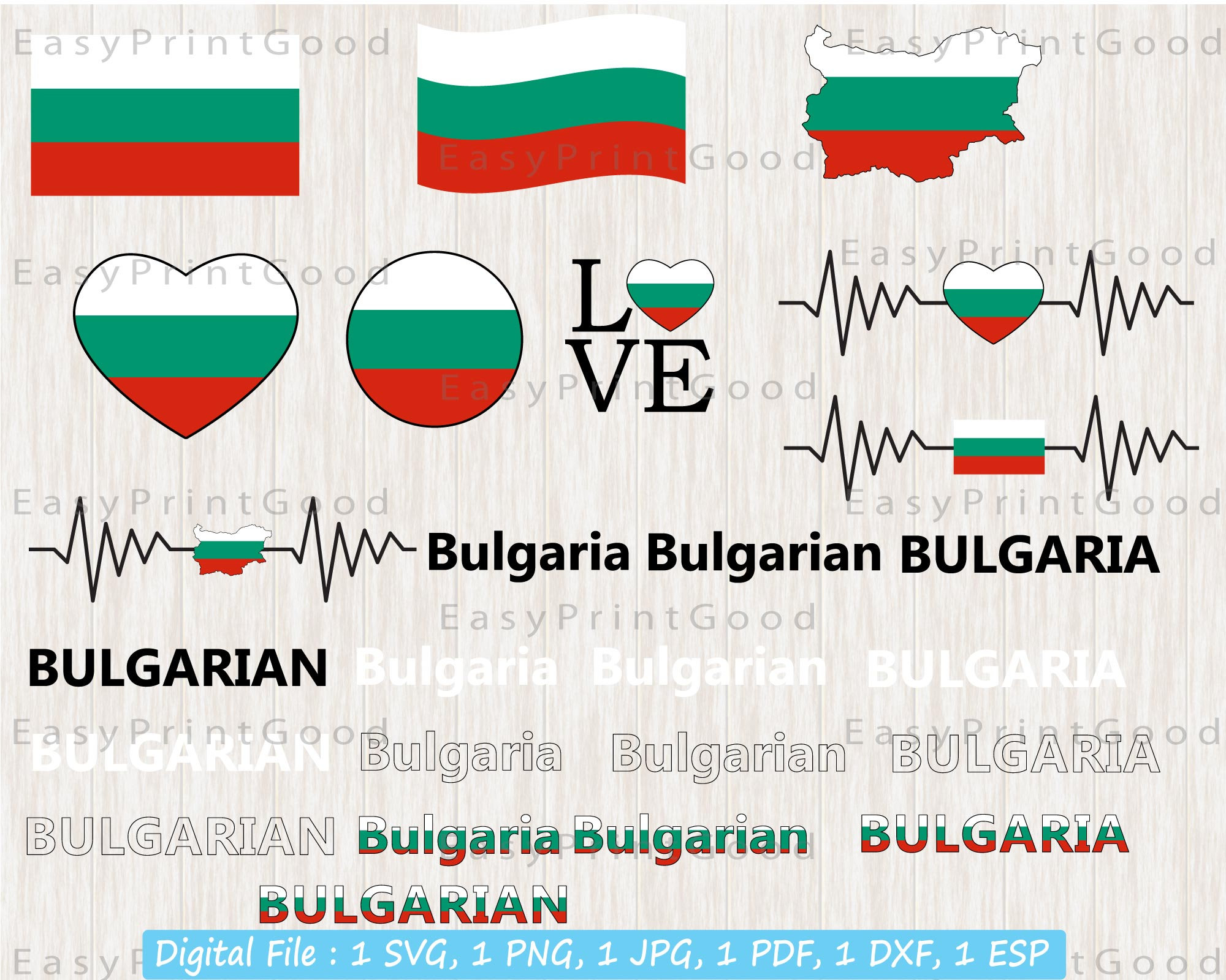 Bulgaria Flag Bundle Svg, Bulgaria National Flag, Love, Waving, Bulgaria Map ClipArt, Bulgarian Flag, Heart Bulgaria Map, Cut file, Cricut