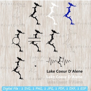 Lake Coeur D&#39;Alene Map SVG Bundle: Idaho Outline, Clipart (Digital Download)