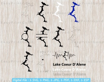 Lake Coeur D'Alene Svg Bundle, Lake Coeur d'Alene Idaho Map, Outline, Love, Clipart, Monogram Frame, Silhouette, Text Word, Cut file, Cricut