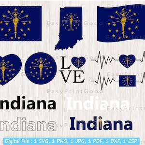 Indiana Flag Bundle Svg, Indiana Flag, Indiana Star Heart, Indiana Flag Clipart, Indiana State Svg, Waving, Heart Indiana, Cut file, Cricut