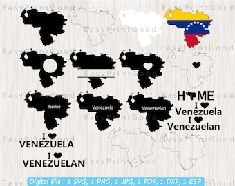 May include: A digital download of 10 different SVG files featuring the outline of Venezuela. The files include a blank outline, an outline with the words "Venezuela" and "home", an outline with a heart and the words "I love Venezuela", and an outline with a heart and the words "I love Venezuelan".