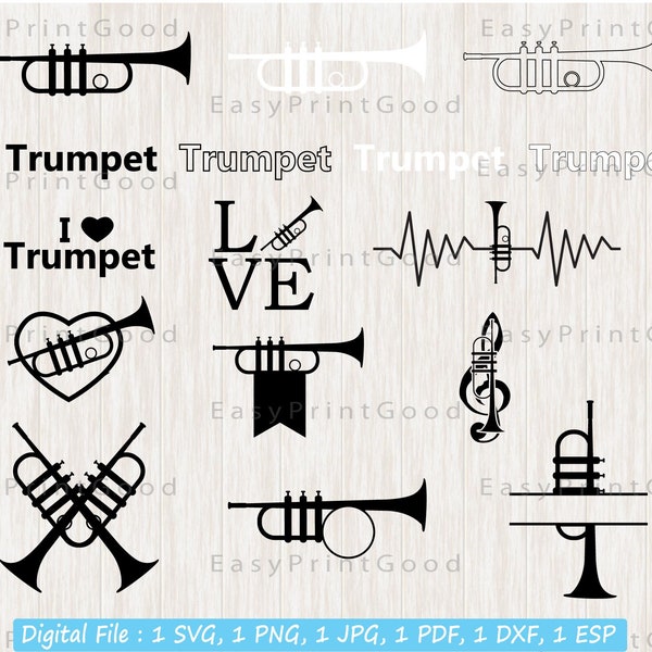 Trumpet Bundle Svg, Trumpet Clipart, Band, Jazz, Trumpet Frame, Trumpet within Heart, Royal Trumpet, Heartbeat Trumpet, Cut file, Cricut