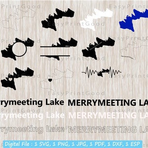 Merrymeeting Lake Svg Bundle, New Hampshire Mapa Forma Esquema Svg, Amor, Marco de monograma, Silueta, Latido del corazón, Palabra de texto, Archivo de corte, Cricut