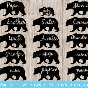 Bear Family Bundle Svg Mama, papà, sorella, bambino, fratello, nonna e altro Svg, set svg dxf eps png File per macchine da taglio Cameo Cricut