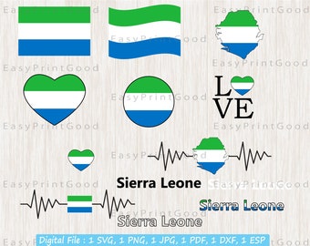Sierra Leone Flag Svg Bundle, Sierra Leone Name,  Leonean National Nation Country Banner, Sierra Leone Flag Heart, Cut file, Cricut Svg
