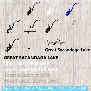 Gran paquete Sacandaga Lake Svg, contorno, amor, imágenes prediseñadas, marco de monograma, silueta, palabra de texto, marco dividido, mapa de Nueva York, archivo de corte, Cricut