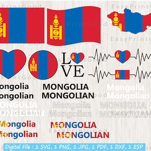 Mongolische Flagge Svg Bundle, Mongolische Flagge, Mongolischer Name, Mongolischer Text Wort, Mongolische Karte, Welle Flagge, Herz Mongolische Karte, Schnittdatei, Cricut
