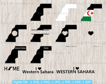 Sahara occidental carte Svg Bundle, carte du Sahara occidental, contour, amour, maison, noir et blanc, cadre monogramme, couper fichier, Cricut Svg
