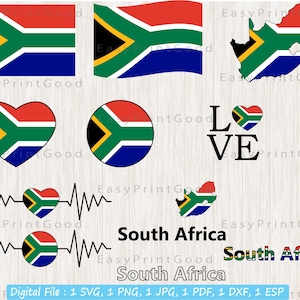 Bundle svg di bandiera del Sudafrica, nome del Sudafrica, parola di testo, mappa del Sud Africa, bandiera sventolante, cuore Mappa del Sud Africa, file tagliato, cricut
