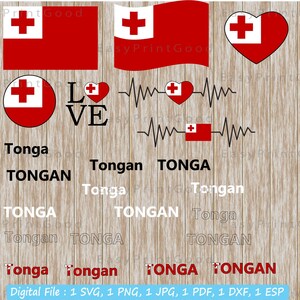 May include: A digital file download for a Tongan flag design. The design includes a variety of images, including a traditional Tongan flag, a heart-shaped flag, and a heartbeat graphic with a flag. The text "Tonga", "Tongan", and "TONGA" is included in various fonts and sizes.