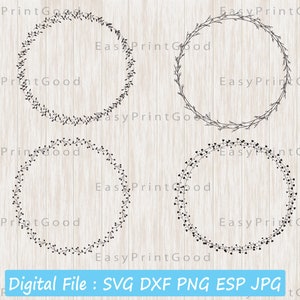 Może przedstawiać: Cztery projekty wieńców w kolorze czarnym i białym o okrągłym kształcie. Wieńce są wykonane z małych gałązek i liści.