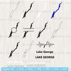 Lake George Svg Bundle, Lake George New York Map Outline Svg, Love, Monogram Frame, Silhouette, Text Word, Lake George Svg, Cut file, Cricut