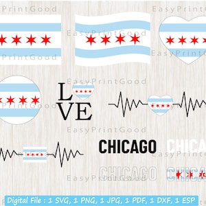 Chicago Flag Bundle Svg, Chicago Flag, Chicago Star Heart Svg, Chicago Illinois Flag, Chicago State, Love, Waving Chicago, arquivo cortado, Cricut