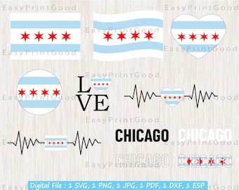 Chicago Flag Bundle Svg, Chicago Flag, Chicago Star Heart Svg, Chicago Illinois Flag, Chicago State, Love , Waving Chicago, Cut file, Cricut