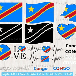Congo Flag SVG Bundle: Waving, Heart, Map Cut Files (Digital Download)