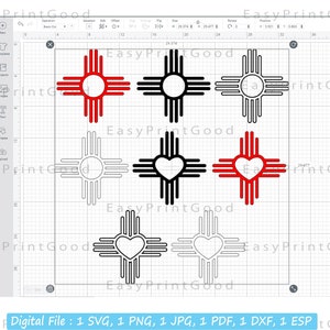 May include: Six digital designs of the Zia symbol, a traditional symbol of the Pueblo people. Three designs feature a red Zia symbol with a white circle in the center, three designs feature a black Zia symbol with a white heart in the center.