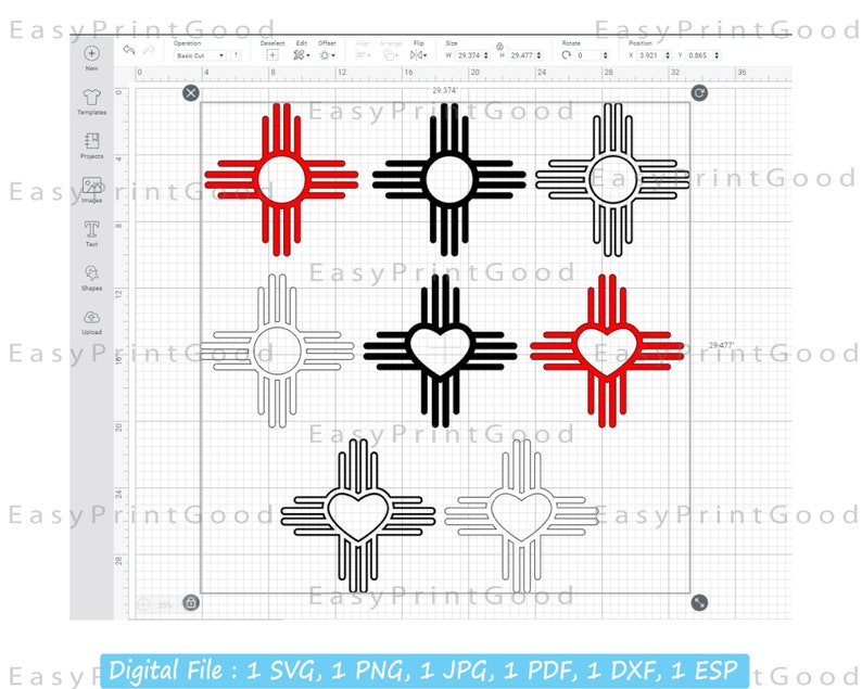 May include: Six digital designs of the Zia symbol, a traditional symbol of the Pueblo people. Three designs feature a red Zia symbol with a white circle in the center, three designs feature a black Zia symbol with a white heart in the center.