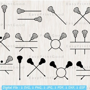 May include: A set of eight black and white lacrosse stick SVG cut files. The files include lacrosse sticks crossed with a ball, lacrosse sticks crossed with a circle, and lacrosse sticks crossed with a nameplate. The text "Easy PrintGood" appears multiple times on the image.