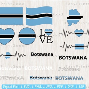 Botswana Flag Bundle Svg, Botswana National Flag Svg, Botswana Flag Clipart, Love, Waving, Text, Map, Cut file, Cricut & Silhouette