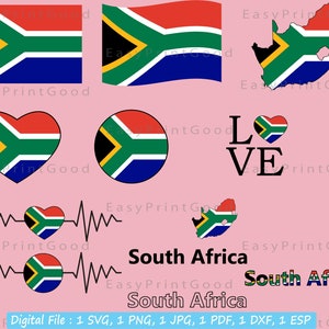May include: A digital download of South African flag graphics in various styles, including a heart, circle, and outline of the country. The text "LOVE" is also included in black. The graphics are on a pink background.
