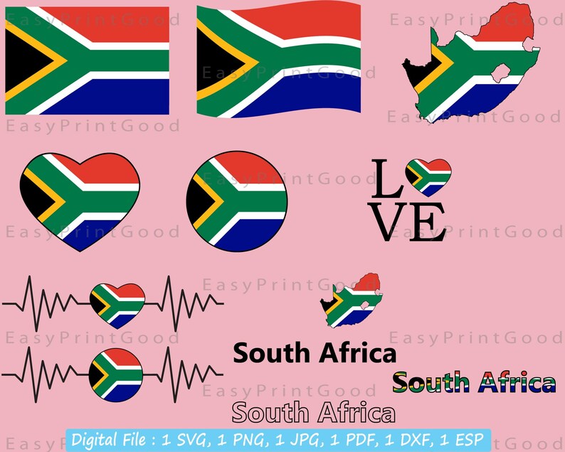 May include: A digital download of South African flag graphics in various styles, including a heart, circle, and outline of the country. The text "LOVE" is also included in black. The graphics are on a pink background.