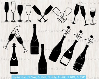 Clipart SVG de botella y copa de champán: Archivo de corte de celebración (descarga digital)