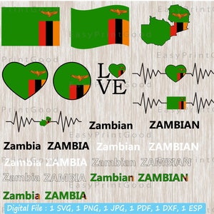 Zambia Flag Bundle Svg, Zambia National, Clipart, Love Zambia, Waving, Zambia Flag Heart, Zambian Nation Country Banner, Cut file, Cricut