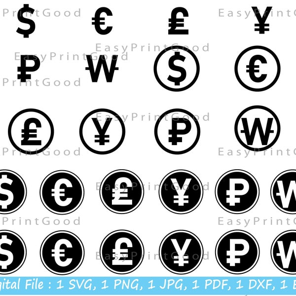 Currencies Svg, Dollar, Euro, Pound, Yuan, Ruble, Won, Money Svg, Currency Money Symbol, Business Commerce Sign, Cut file, Cricut