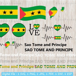 Santo Tomé y Príncipe Flag Bundle Svg, Amor, Palabra de texto, Ondeando, ClipArt, Bandera Nacional de la Isla de Santo Tomé y Príncipe, Mapa, Archivo de corte, Cricut