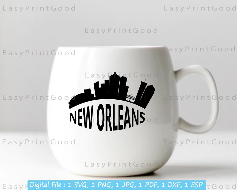 May include: White ceramic mug with a black silhouette of the New Orleans skyline and the text "NEW ORLEANS" printed on the front.