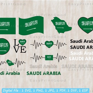Bandera de Arabia Saudita Svg Bundle, Bandera del país de la nación de Arabia Saudita, Amor, Palabra de texto, Ondear, ClipArt de mapa de Arabia Saudita, Archivo cortado, Cricut
