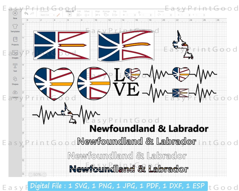 Op de afbeelding: Een digitaal ontwerp met de vlag van Newfoundland en Labrador in verschillende stijlen, waaronder een hart, een cirkel en een gestileerde hartslag. De tekst "LOVE" wordt in grote letters weergegeven, en de zin "Newfoundland & Labrador" wordt vier keer in verschillende groottes herhaald.