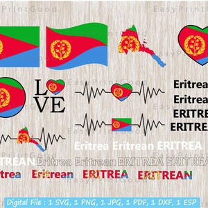 Eritrea Flag Bundle Svg, Eritrea National Flag, Eritrean Love, Waving, Eritrea Map ClipArt, Heart Eritrea Map, Text Word, Cut file, Cricut