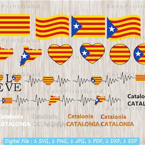 Catalonia Flag Bundle Svg, Senyera Flag, Catalonia Country Banner, Love Catalonia, Waving, Catalonia Flag Heart, Carte, Couper le fichier, Cricut Svg