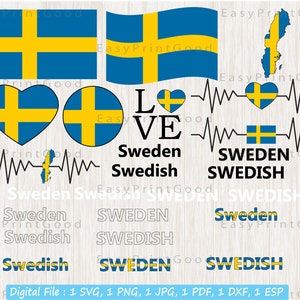 Suède Flag Bundle Svg, Suède National Flag Svg, Love Swedish, Waving Suède, Carte, Suède Drapeau, Texte suédois Mot Lettre, Fichier coupé, Cricut