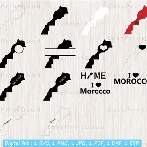 Maroc Carte Svg Bundle, Carte du Maroc, Contour, Carte du pays frontière du Maroc, Amour, Maison, Cadre monogramme, Mot texte, Fichier coupé, Cricut