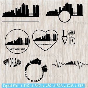 Pacote Svg de quadro de Nova Orleans, clipart, silhueta de paisagem urbana do horizonte de Nova Orleans, arquivo cortado, Cricut, moldura de monograma, amor, batimento cardíaco
